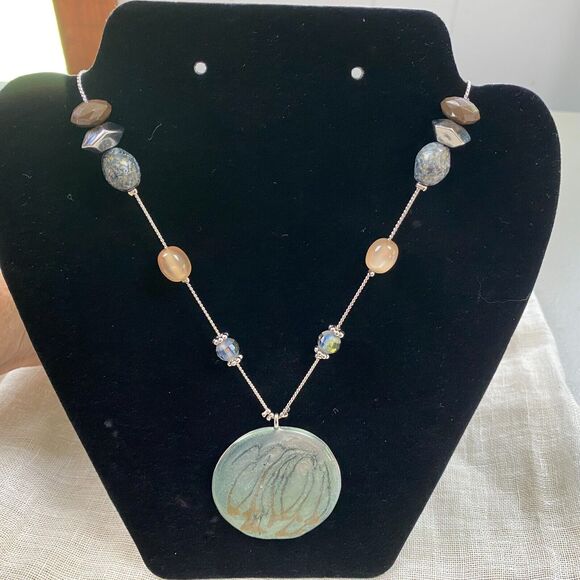 Chicos Statement Necklace Beaded Green Brown Silver Enameled Pendant Reversible - Picture 8 of 9